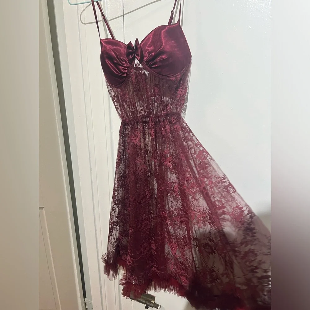 Elegant Burgundy Lace Lingerie Dress
